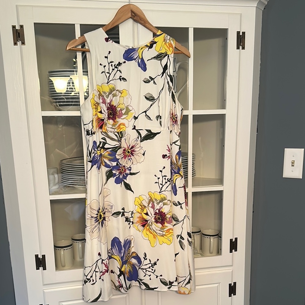 Floral Sleeveless Dress - White with Yellow and Blue Accents
